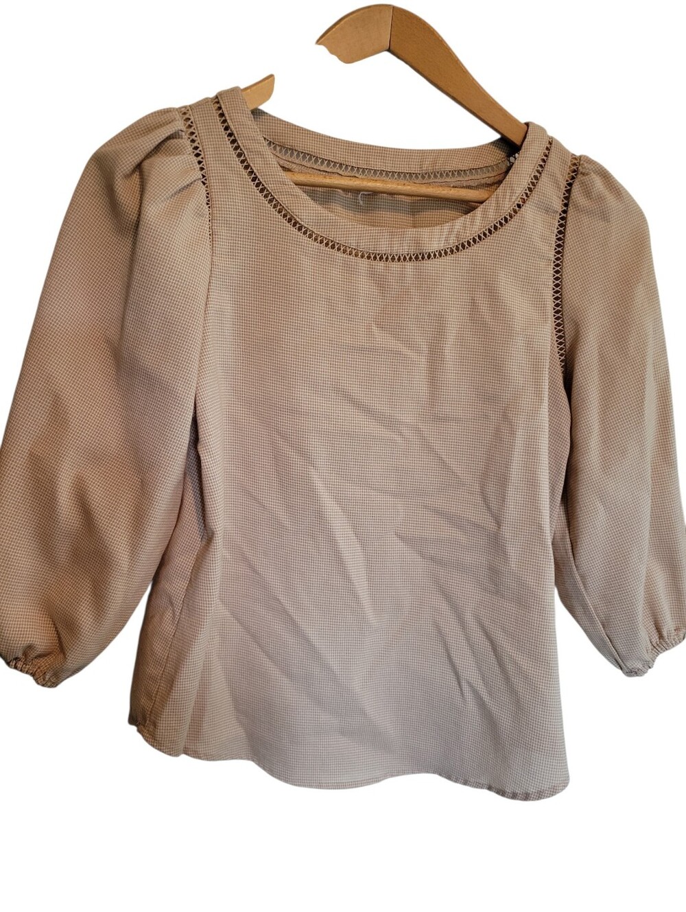 MINE Tan Gingham Lattice Trim Puff Sleeve Blouse Back Button Detail Size S